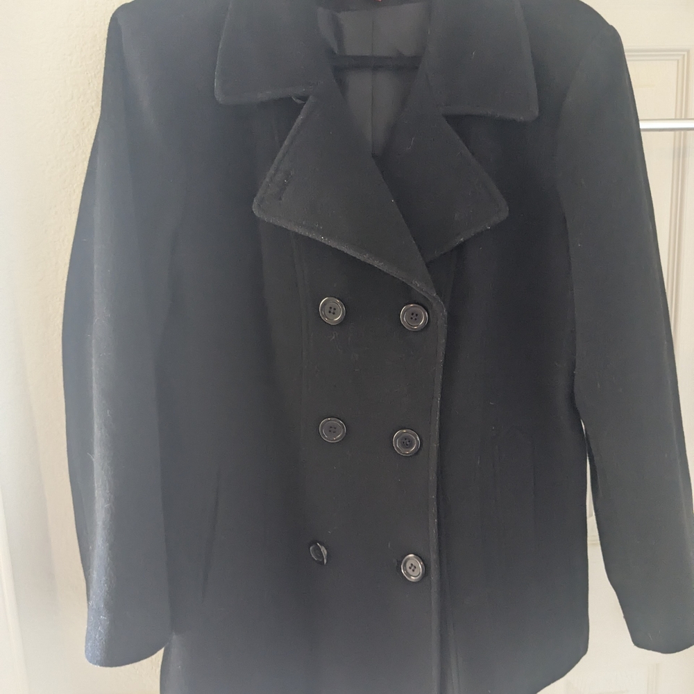 Anne Klein Black Wool Blend Double Breasted Pea Coat Size L